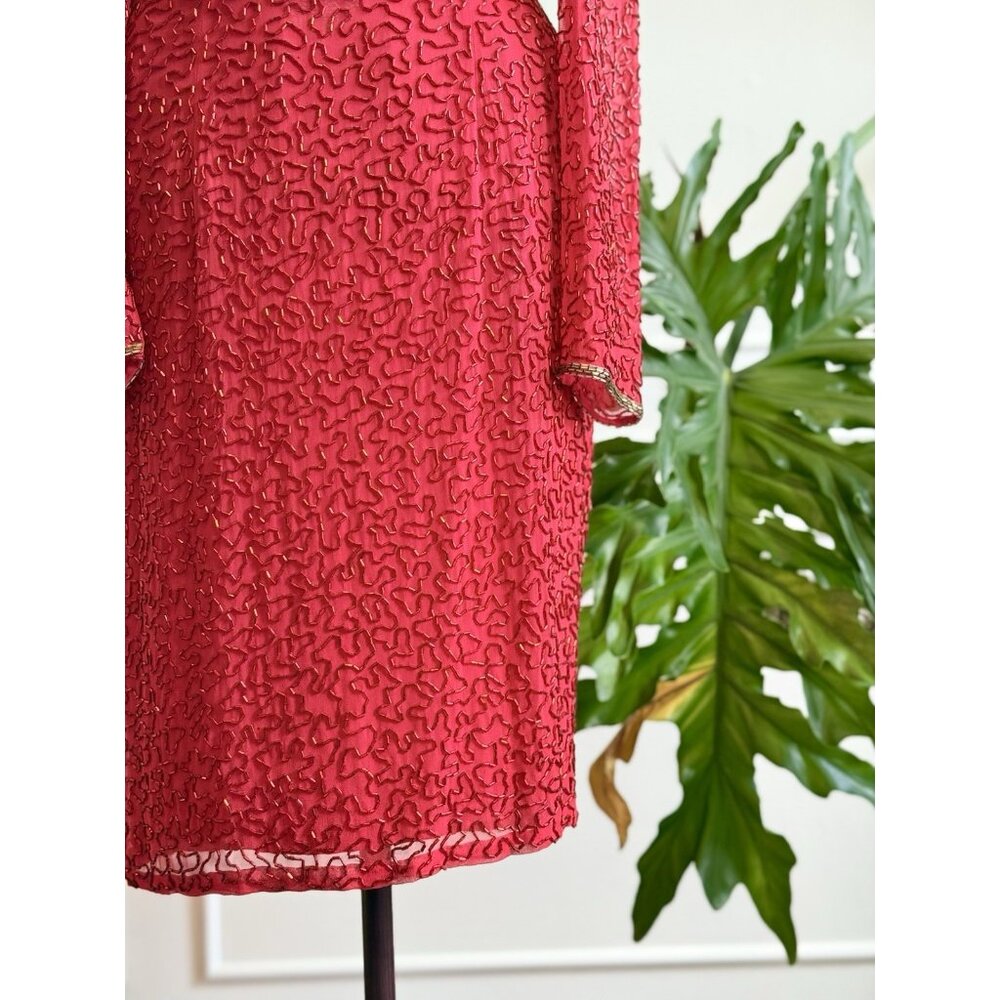 Vintage Beaded Red Evening Dress |  Hollywood Glamour Dress | Red Beaded Dress - Picture 2 of 13